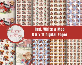 Red White & Moo Digital Paper Bundle, Digital Download, Printable Paper