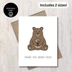 Muchas gracias, Beary - Linda tarjeta de agradecimiento imprimible con temática de oso pardo - Tarjeta de agradecimiento y gratitud para amigos, vecinos y maestros
