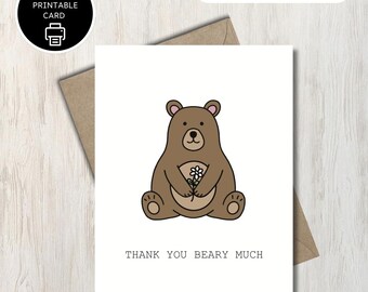 Muchas gracias Beary - Tarjeta imprimible de agradecimiento por el oso pardo - Juego de palabras de gratitud - Para amigos, vecinos y maestros