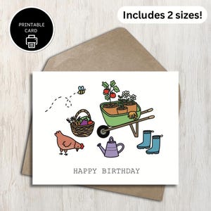 Cartão de Feliz Aniversário com Tema de Jardinagem para Imprimir - Ao Ar Livre, Jardim, Galinha, Tema de Plantas - Cartão Fofo para Mãe, Tia, Fazendeira, Avó, Esposa, Amiga