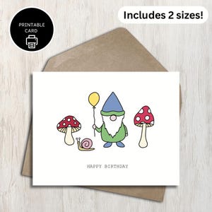 Carte d'anniversaire gnome et champignon - carte de voeux imprimable lunatique mignon escargot champignon vénéneux - célébration pour maman papa frère et soeur enfant