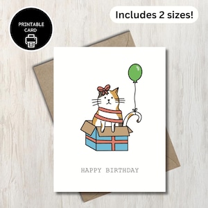 Carte de joyeux anniversaire chat - chat calicot imprimable dans une boîte cadeau avec ballon carte de voeux - jolie carte drôle pour les amoureux des chats, ami, maman, enfants
