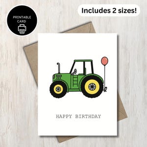 Carte d'anniversaire imprimable sur le thème du tracteur - tracteur John Deere vert avec ballon - pour les agriculteurs, les enfants, les amateurs de tracteurs et de machines, papa et grand-père