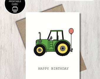 Tarjeta de cumpleaños imprimible con temática de tractor - Tractor John Deere verde con globo - Para agricultores, niños, amantes de los tractores y las máquinas, papá y abuelo.