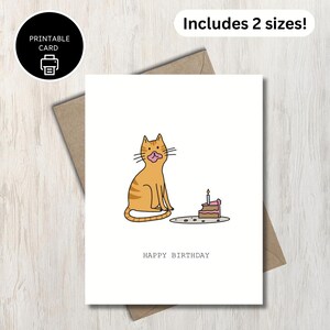 Geburtstagskarte zum Ausdrucken - Orange Katze mit Stück Kuchen - Lustig Print At Home Grußkarte - Für Tier-Haustier-Liebhaber Für Kinder Mama Papa Geschwister