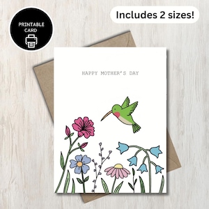 Tarjeta imprimible del Día de la Madre con un colibrí en el jardín. Linda tarjeta de felicitación floral. Celebra a mamá, abuela, mamá, madre, nana, abuela, mamá.