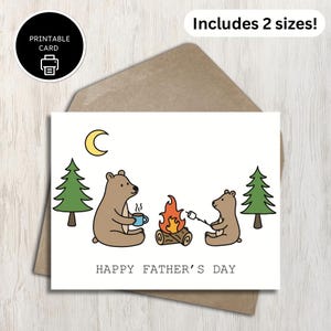 Carte imprimable Happy Father's Day - Camping en plein air sur le thème de la nature - Ours au bord d'un feu de camp - Jolie carte pour papa, père, grand-père, beau-père, papa