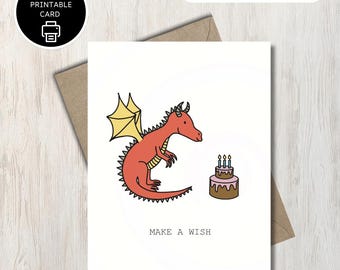 Printable Dragon Birthday Card - Make a Wish - Digital Download - Card For Kids