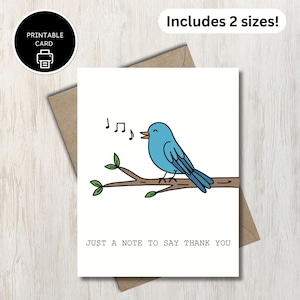 Tarjeta de agradecimiento imprimible con temática de pájaro azul - Nota de agradecimiento - Tarjeta de agradecimiento con temática musical - Para profesores de música amantes de los pájaros - Tarjeta de agradecimiento