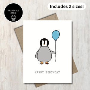 Carte de joyeux anniversaire pingouin - carte de voeux imprimable pingouin tenant un ballon - mignon bébé poussin pingouin - pour ami, enfant, nièce, neveu