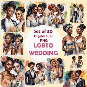 30 PNG Boda lésbica en acuarela, archivos digitales, mujeres afroamericanas, lgbtq, boda lésbica negra, clipart digital, postales, calcomanías