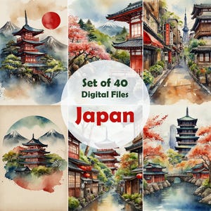 Set von 40 Japan digitale Postkarte, bedruckbar, digitaler Download, Seiten für Scrapbooking und Junk Journal, japanisches digitales Papier, Poster