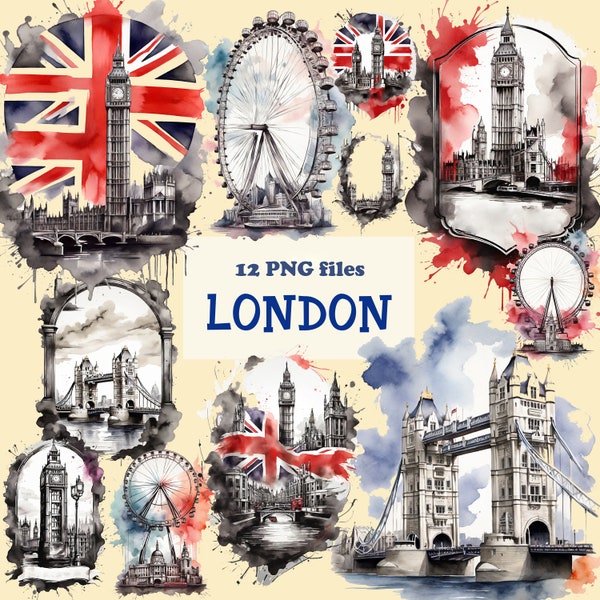 12 PNG London Watercolor Clipart, Digital download,  Bing Ben, Buckingham Palace, London Eye Illustrations, scrapbook, Instant Download