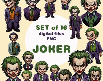 May include: A set of 16 digital files featuring a cartoon Joker character in various poses and expressions. The files are in PNG format and are labeled "SET of 16 digital files PNG JOKER".