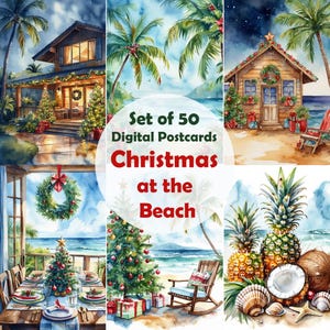 Lot de 50 Noël à la plage numériques, cartes postales, images imprimables, pages de journal indésirable, JPEG, Noël tropical aquarelle en juin