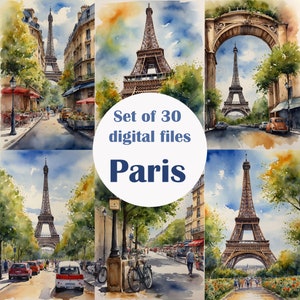 Conjunto 30 Torre Eiffel de Paris aquarela Ilustração Download digital, Pôster / jpeg / Paris digital, Impressão, Ilustração digital, clipart