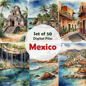 50 Mexiko digital, Junk Journal Seiten, printable, Mexikanische Fiesta, digitales Scrapbook, Illustration Reise Print, Digitales Papier, Hintergründe