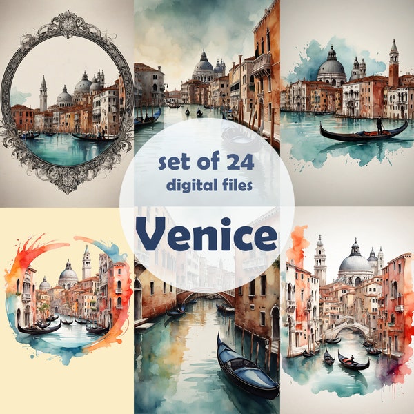 Lot de 24 téléchargements numériques de Venise aquarelle, clipart, scènes de Venise pour le scrapbooking, voyage, papiers, carte postale, carnet, 5 PNG 24 JPG,