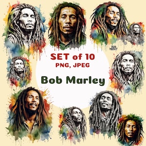 Lot de 10 images numériques Bob Marley PNG, JPEG, haute qualité, aquarelle imprimable, clipart Bob Marley, musique reggae, portrait, autocollants