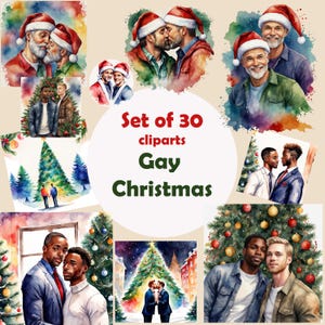 Lot de 30 cliparts Noël gay, cartes postales numériques, autocollants, PNG, JPEG, hommes gais romantiques du nouvel an, LGBTQ, aquarelle, numérique de Noël, pages