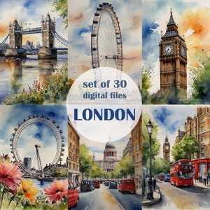 Conjunto de 30 acuarelas de Londres para descargar digitalmente, imágenes prediseñadas, postales, escenas de Londres para scrapbooking y decoupage, diario de viaje, papeles, libros