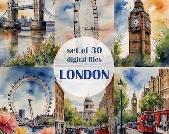 Set of 30 Watercolor London digital download,  Clipart, postcard, London scenes for scrapbooking and decoupage, Travel Diary, Papers, book