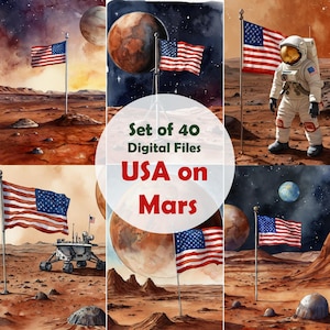 Lot de 40 États-Unis numériques sur Mars, drapeau sur Mars, carte postale, téléchargement numérique, affiche de voyage sur Mars, impression d'art spatial de la NASA, voyage, Mars imprimable