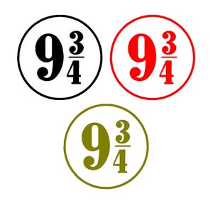 May include: Three circular graphics with the text "9 3/4". One is black on a white background, another is red, and the third is olive green. The text is in a bold, stylized font.