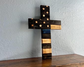 Thin Blue Line Cross – with Thin Red Line Option, Christian, Rustic Decor, Unique Police Gift, Retirement