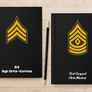 May include: Two black notebooks with gold military rank insignia and names. The notebook on the left has the rank of Sergeant with the name Sgt. Orta-Cortez. The notebook on the right has the rank of First Sergeant with the name Chris Mackens.