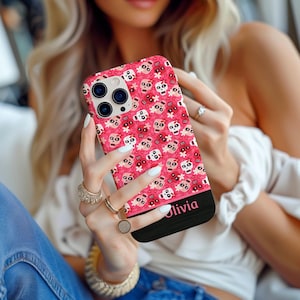 Custom Cute Pink Skulls Halloween iPhone Tough Case, Personalized Cute Flowers Trendy Phone Case (available for most iPhone & Galaxy models)