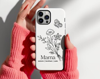 Personalized Mama iPhone Case, Custom Floral Phone Case with Kid's Names, Mother's Day Gift (available for iPhone models, and Galaxy)