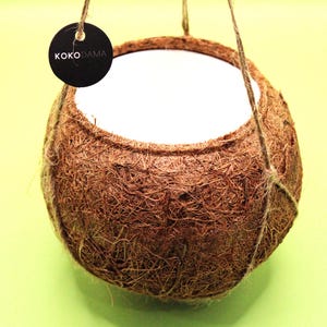 May include: A hanging planter made from brown coconut fibre, with a white interior. The planter is suspended by twine and has a black tag with the text "KOKODAMA". The natural texture and colour of the fibre create a rustic aesthetic.