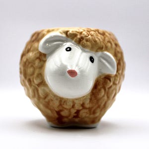 Op de afbeelding: Een keramische schapenpot met een wit gezicht en bruin, krullend haar. Het schaap heeft zwarte ogen en een roze neus.
