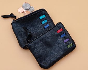 Handmade Black Leather Coin Purse – Striped Detail, YKK Zipper