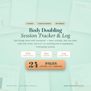 May include: A digital Body Doubling Session Tracker & Log with 24 pages in Letter and A4 sizes. The document features a light green background with dark green text, including sections for picking a body double, running a session, and logging.