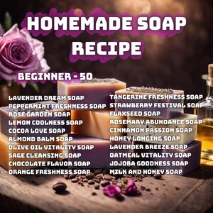 Peut inclure: Une pile de savons faits maison aux parfums vari&eacute;s, dont R&ecirc;ve de lavande, Fra&icirc;cheur de menthe poivr&eacute;e, Jardin de roses, Fra&icirc;cheur de citron, Amour de cacao, Baume d'amande, Vitalit&eacute; &agrave; l'huile d'olive, Savon purifiant &agrave; la sauge, Saveur chocolat, Fra&icirc;cheur d'orange, Fra&icirc;cheur de mandarine, Festival de fraises, Graine de lin, Abondance de romarin, Passion &agrave; la cannelle, D&eacute;sir de miel, Brise de lavande, Vitalit&eacute; de la farine d'avoine, Bont&eacute; de jojoba et Miel et lait. Les savons sont dispos&eacute;s sur une surface en bois avec des grains de caf&eacute; et une rose rose.