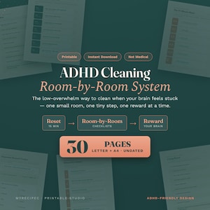 Pianificatore di pulizie per ADHD, lista di controllo per la stanza, kit stampabile per riordinare e riorganizzare la casa.