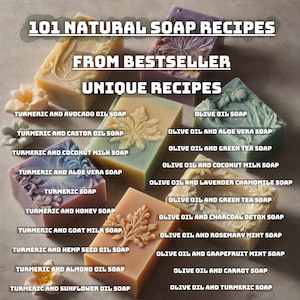 Peut inclure: Un collage de 101 recettes de savon naturel &agrave; base de curcuma et d'huile d'olive. Les savons sont dispos&eacute;s en deux colonnes avec le nom de chaque savon indiqu&eacute; en dessous. Les savons sont tous de couleurs diff&eacute;rentes et ont des motifs diff&eacute;rents.