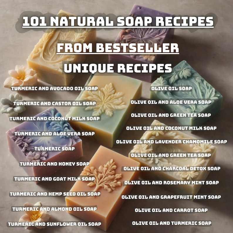 Peut inclure: Un collage de 101 recettes de savon naturel &agrave; base de curcuma et d'huile d'olive. Les savons sont dispos&eacute;s en deux colonnes avec le nom de chaque savon indiqu&eacute; en dessous. Les savons sont tous de couleurs diff&eacute;rentes et ont des motifs diff&eacute;rents.