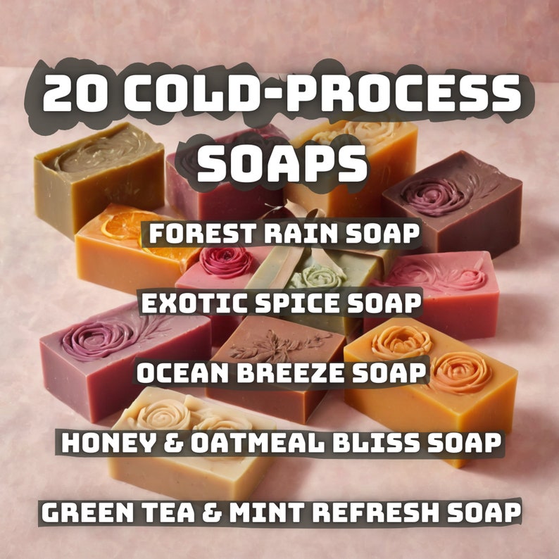 May include: Twenty cold-process soaps in various colours and scents, including Forest Rain Soap, Exotic Spice Soap, Ocean Breeze Soap, Honey & Oatmeal Bliss Soap, and Green Tea & Mint Refresh Soap.