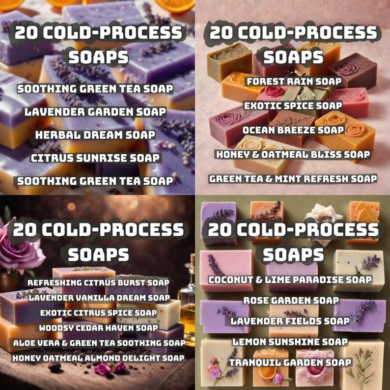 Peut inclure: Un collage de 20 savons diff&eacute;rents fabriqu&eacute;s &agrave; froid avec des parfums et des couleurs vari&eacute;s. Les savons sont dispos&eacute;s en quatre rang&eacute;es de cinq savons chacune. Les savons sont tous faits &agrave; la main et contiennent des ingr&eacute;dients naturels. Parmi les parfums, on trouve : Pluie de for&ecirc;t, &Eacute;pices exotiques, Brise marine, Miel et avoine, Th&eacute; vert et menthe rafra&icirc;chissante, &Eacute;clatement d'agrumes rafra&icirc;chissant, Vanille et lavande, &Eacute;pices d'agrumes exotiques, Havane de c&egrave;dre bois&eacute;, Alo&egrave;s vera et th&eacute; vert apaisant, D&eacute;lice d'avoine et d'amande, Paradis de noix de coco et de citron vert, Jardin de roses, Champs de lavande, Soleil de citron et Jardin tranquille.
