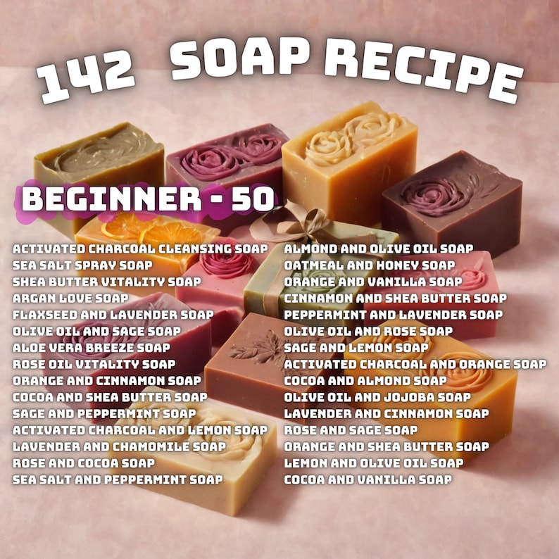 Peut inclure: Un collage de 18 savons diff&eacute;rents aux parfums et ingr&eacute;dients vari&eacute;s. Les savons sont dispos&eacute;s en grille et &eacute;tiquet&eacute;s avec leurs noms. Le texte "142 SOAP RECIPE BEGINNER - 50" est en haut de l'image.
