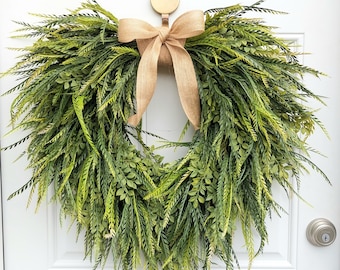 Evergreen Cascading Wreath with Burlap Bow | Year-Round Porch Decor