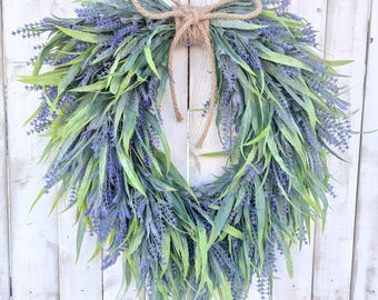 Lavender Wreath: Handmade Eucalyptus Farmhouse Porch Decor (22x30 in)