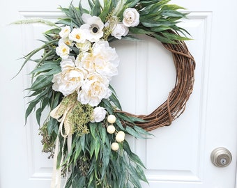 Peony Wreath For Front Door, Luxury Home Decor, Cottage Decorations, Mother's Day Gift