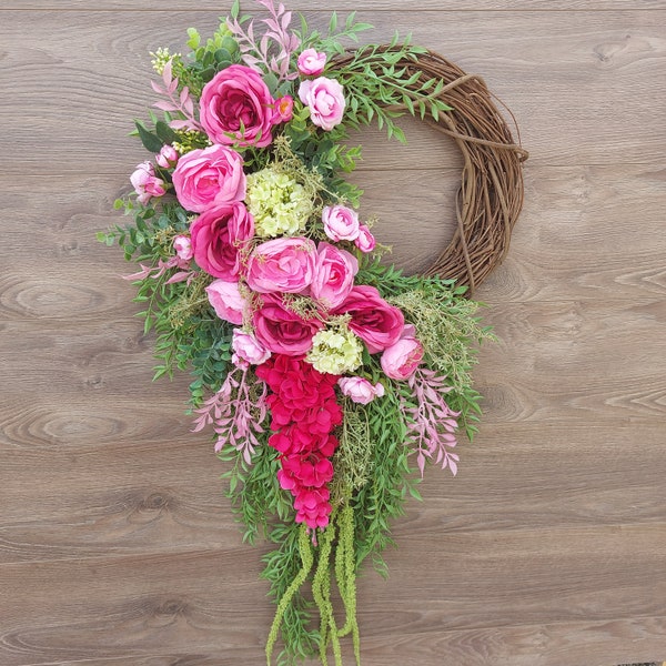 Magenta Floral Wreath For Front Door, Year Round Wreath, Summer Porch Decor, Modern Farmhouse, Mother's Day Gift