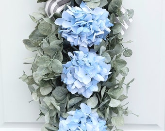 Blue Hydrangea Swag Wreath,Year Round Swag, Summer Eucalyptus Swag, Hydrangea Decor for Home, Modern Farmhouse, Mother's Day Gift