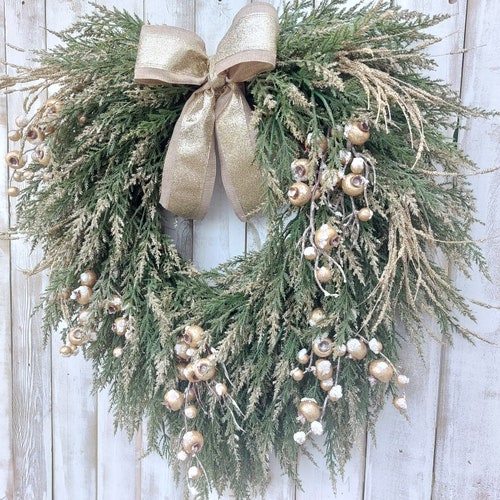 Christmas Wreath, Golden Pine and Berries, Winter Porch Decor