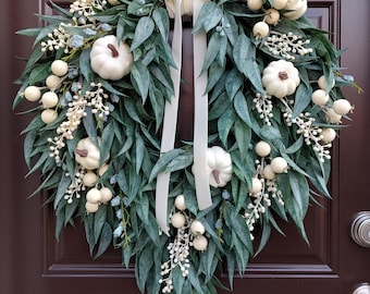 White Pumpkins Wreath For Front Door, Fall Cascading Wreath, Autumn Porch Decor
